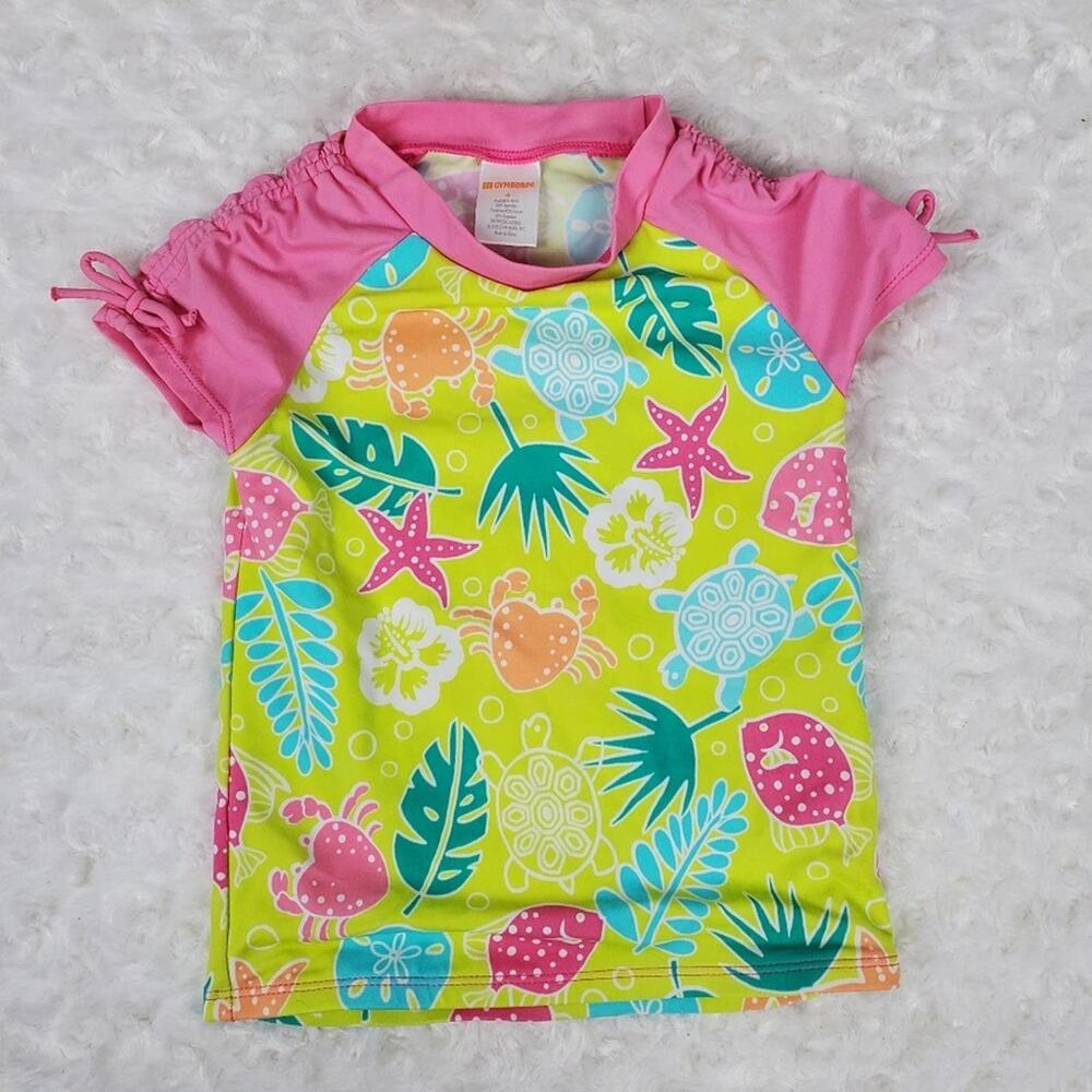 Gymboree Beach Graphic Swimsuit Top Shirt Size 4 Green Pink Girls